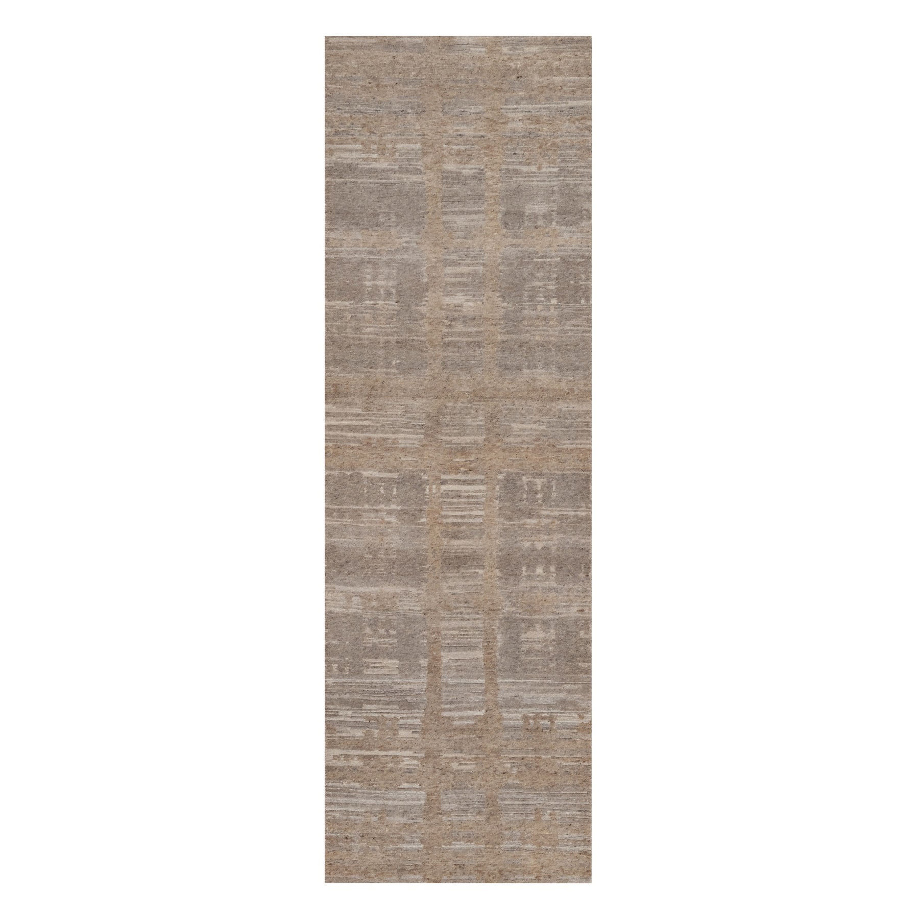 Amphora Brown, Hand Knotted, Modern Criss Cross Erased Design, Hand Spun Undyed Natural Wool, Runner, Oriental Rug